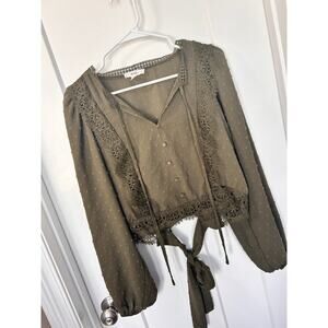 Mine Women's Rose & Remington Boho Long Sleeve‎ Tie Top Olive Green Size Large